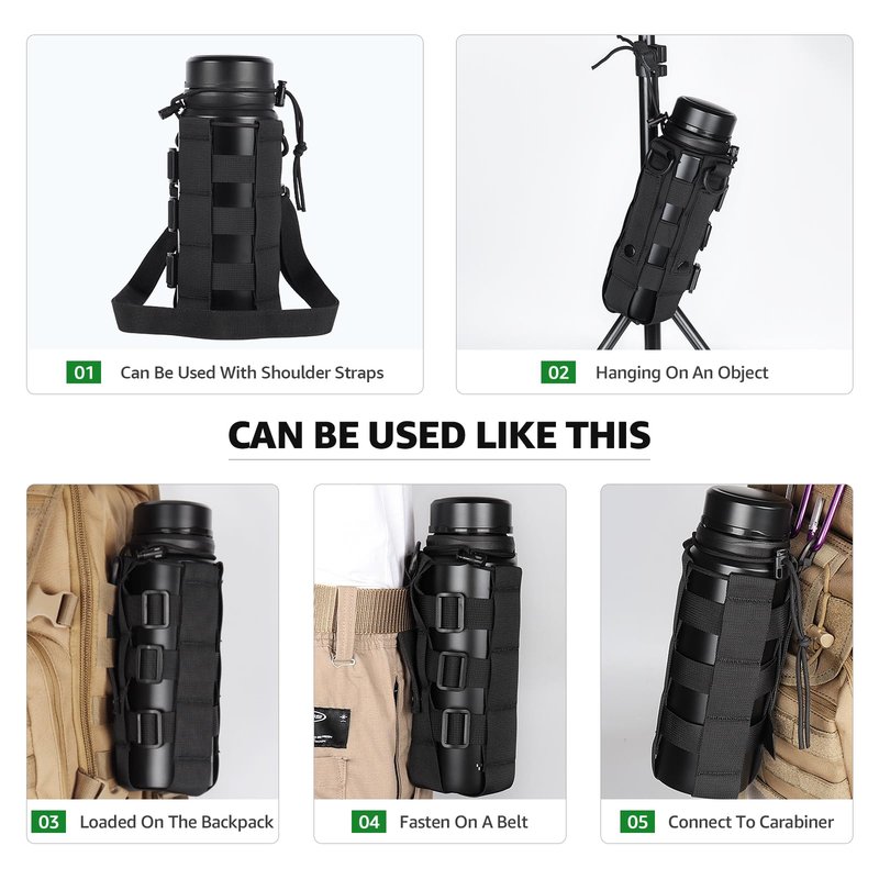 ZXXSFM Molle Water Bottle Holder for Backpack,Drawstring Adjustable Straps Molle Pouches for 20 32 36 48 Oz Water Bottle(Black)
