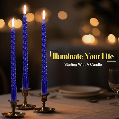 Tobeape Blue Twisted Taper Candles Set of 12, 10 Inch Tall Unscented Dripless, Smokeless Spiral Tapered Candlestick for Wedding Home Décor Dinner Hanukkah - 8 Hour Long Burning