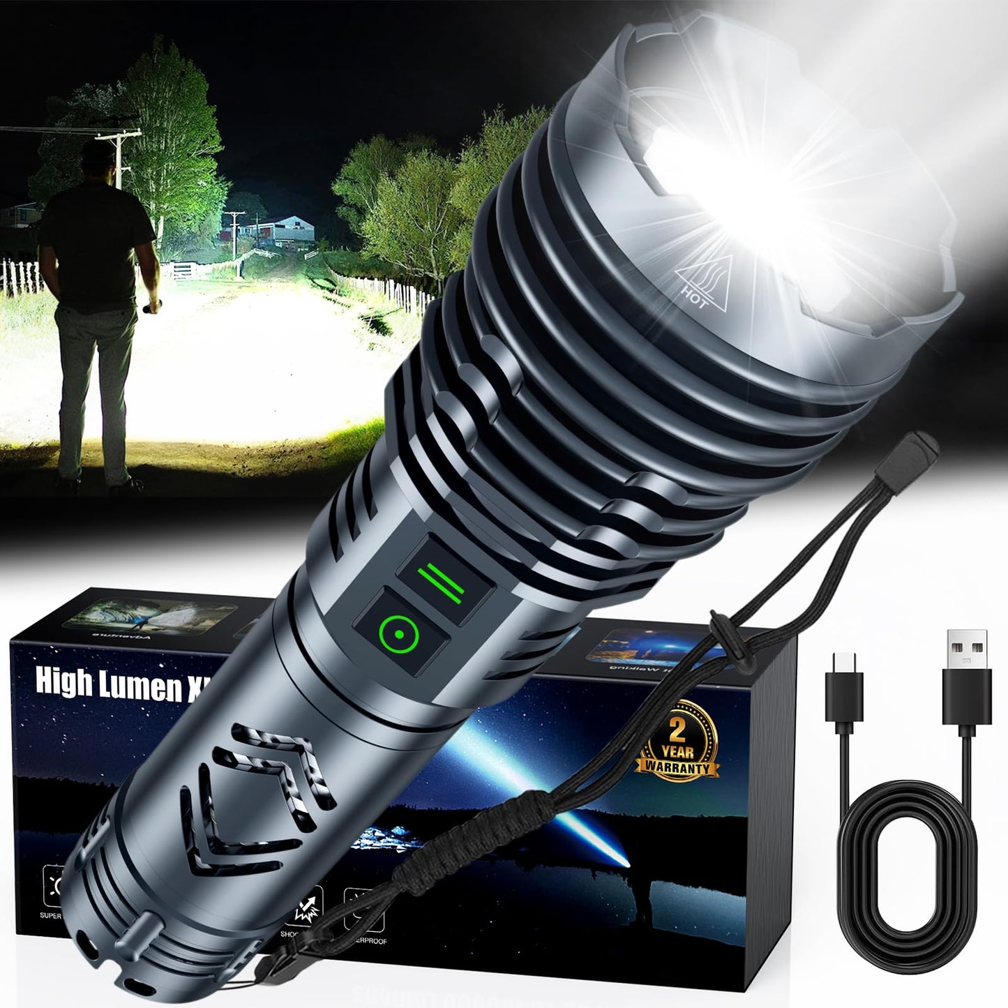 Rechargeable Flashlights High 5500.000Lumens,Super Bright LED Flashlight,Tactical Powerful Waterproof Handheld Flashlights with Zoomable 6Modes,USB Output&24H Long Life Battery for Emergency Camping