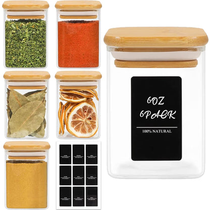 ComSaf 16Pcs Glass Spice Jars with Bamboo Lid, 4oz Airtight Square Spice Containers with 275 Black Lables, Empty Seasoning Jars for Spice Salt Sugar