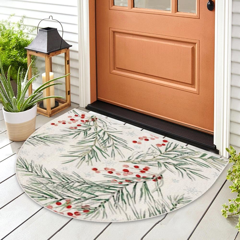 Mrcrypos Christmas Half Round Doormat Xmas Red Berries Non-Slip Semi Circle Area Rug Durable Half Moon Rugs Hearth Fireplace Rug for Living Room Bedroom Holiday Decor 16 x 24 Inch