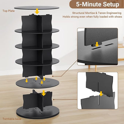 5-Tier Rotating Standing Shelf Unit with Dividers, 360° Storage Display Tower Vertical Floor Organizer, for Bedroom, Closet, Entryway & Office, Ideal for Shoes, Cosmetics & Handbags, Black