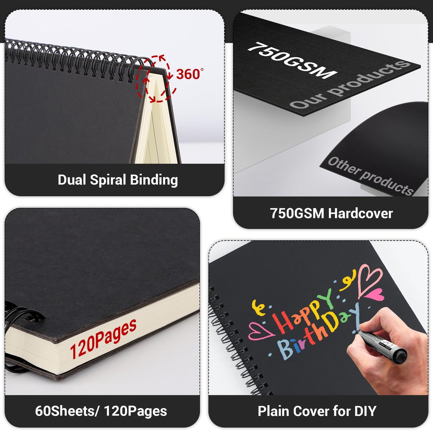 EUSOAR College Ruled Spiral Notebook, B5 6Packs 7.3"x10.2" 120 Pages Black Hardcover Ruled Travel Writing Notebooks Journal, Memo Notepad Sketchbook, Students Office Business Subject Diary Book