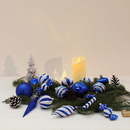 Christmas Ball Ornaments Set Shatterproof Christmas Tree Ornaments 24 PCS Painted Shaped Styles Xmas Tree for Holiday Decor,Royal Blue