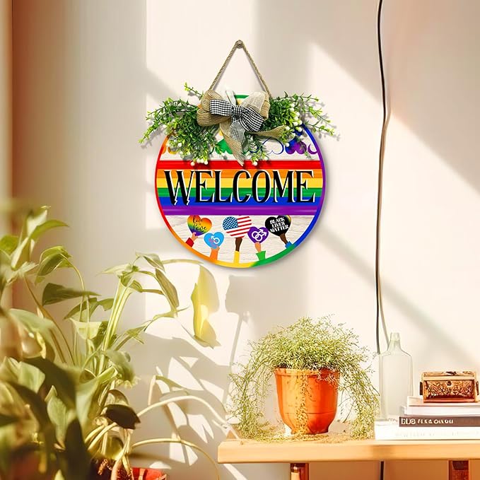 Gay Pride Progress Pride Rainbow Door Sign Welcome LGBTQ Love Heart Round Wood Sign with Bow Wreath Lesbian Parade Day Pansexual Bisexual Transgender Hang Sign for Front Door Diversity 12 In