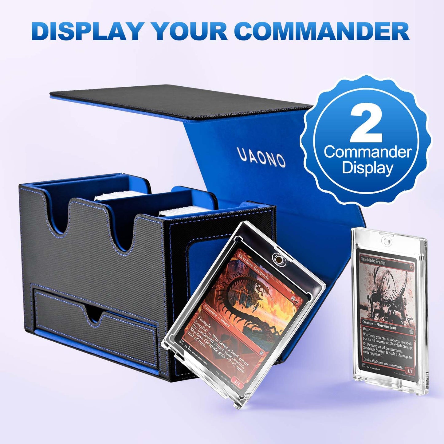 UAONO MTG Commander Deck Box, 3-in-1 Magnetic Card Box with 2 Top Loaders Display & 1 Dice Tray, Fits 200 Double Sleeved, Card Organizer Compatible with Magic the Gathering(Blue Yellow)