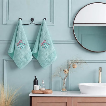 2 Pcs Shell Hand Towels Mint Blue Bathroom Decor 14x29 Inch Embroidered 100%