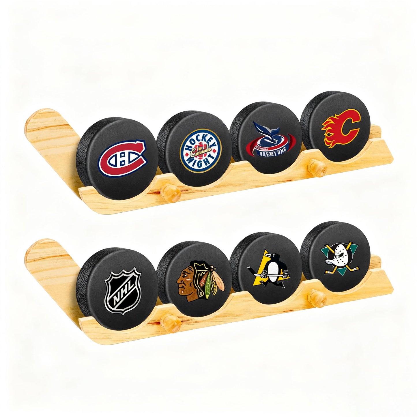 LyunZiS 2 Pack Hockey Puck Display Cases for Father's Day Gifts, Wooden Wall Mount Holder with Hook - Hockey Puck Holder Living Room Stick Decor Accessory for Player Team Gift - burlywood