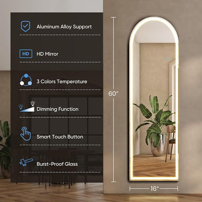OLIXIS 16"x 60" Arched LED Full Length Mirror with Lights, Standing Lighted Floor Full Body Mirror with 3 Color Lighting, Wall Mounted Mirrors for Bedroom, Bathroom, Entryway with Tempered Glass