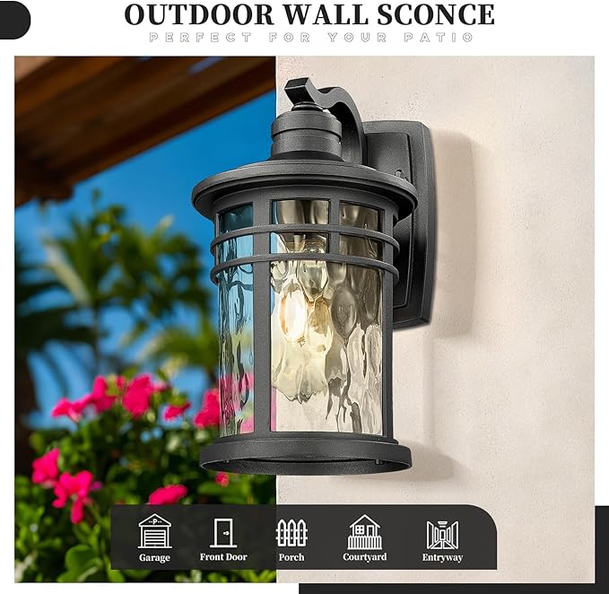 Outdoor Wall Light Fixtures Waterproof Outdoor Porch Light with Water Ripple Glass Black Finish Outdoor Porch Lights Wall Mounts for House 14.6 Inch Height