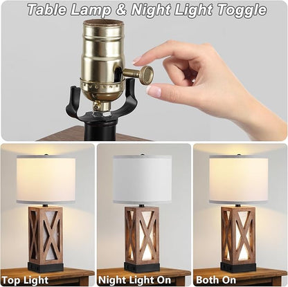Set of 2 Wood Table Lamp, Vintage Nightstand Lamp with USB Charging Ports A/C, Farmhouse Bedside Lamps for Living Room