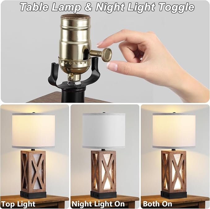 Wood Table Lamp, Vintage Nightstand Lamp with USB Charging Ports A/C, Farmhouse Bedside Lamps for Living Room