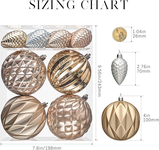 JORNOY Christmas Tree Ornaments, 4inch/100mm Shatterproof Ornaments for Christmas Tree Set - Large Plastic Decorative Hanging Balls Ornaments for Xmas Tree Decorations Party, 12ct (Champagne)