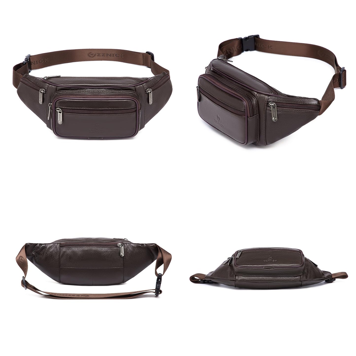 ZZNICK Genuine Leather Fanny Pack/Waist Bag/Organizer with Adjustable Belt, Multiple Pockets For Men and Women