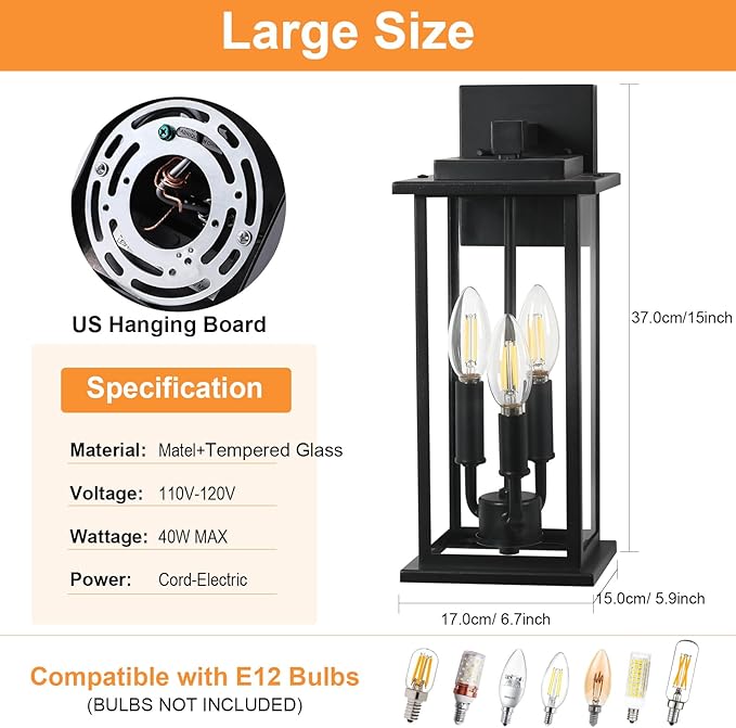 1-Pack 15" Outdoor Wall Lantern Candelabra 3-Light, Waterproof Exterior Wall Light Fixture with Clear Glass Front Porch Light Outdoor Wall Sconce, E12 Base Exterior Sconces for Garage