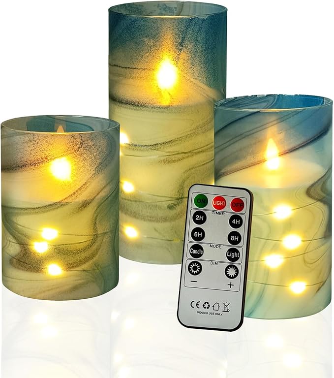 Printed Flameless Candles with String Lights - Set of 3 Battery Operated Candle Flickering Floral LED Pillar Candles with Timer Remote for Home Decor Romantic Ambiance,BG