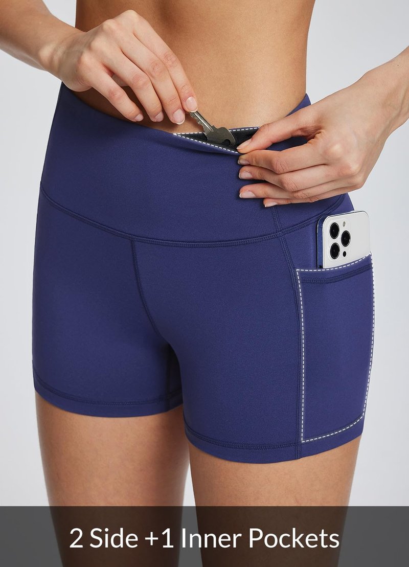baleaf Gym Workout Shorts Women 3" Biker Yoga Spandex Running Volleyball Tummy Control Compression Short with Pockets Navy Blue M