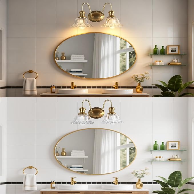 2-Lights Bathroom Vanity Light Gold Vintage Light Fixtures Matte Antique Flower Floral Brass Crystal Glass Shade Wall Sconces Lighting for Living Room, Bedroom, Hallway（E26 Base）