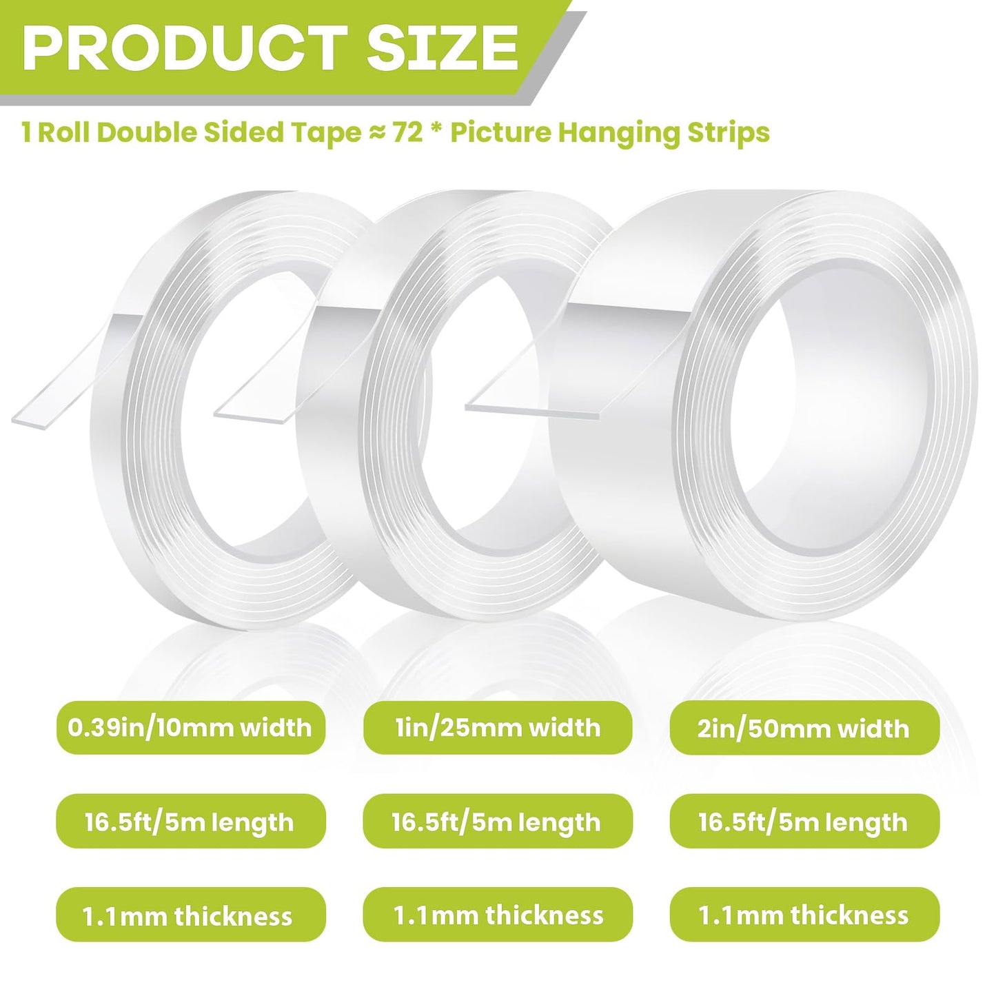 Double Sided Tape Heavy Duty, Removable Nano Double Sided Adhesive Tape, Clear Mounting Tape Picture Hanging Adhesive Strips Waterproof for Walls Photo Crafts Carpet Poster, 1" x 16.5FT