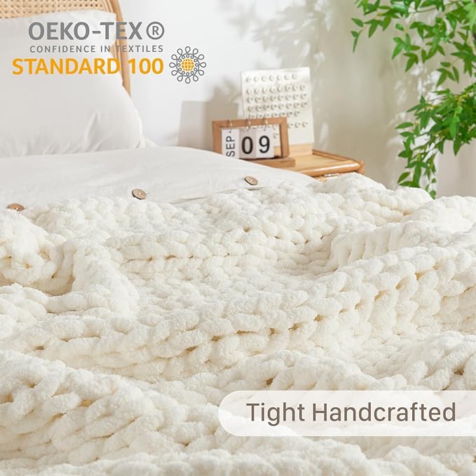Chunky Knit Blanket Throw, 100% Hand Knit Throw Blanket Handmade Chenille Cable Knit Throw for Couch, Stylish Cozy Soft Rope Knot Crochet Blanket for Home Decor, Ivory, 50x60 Inches