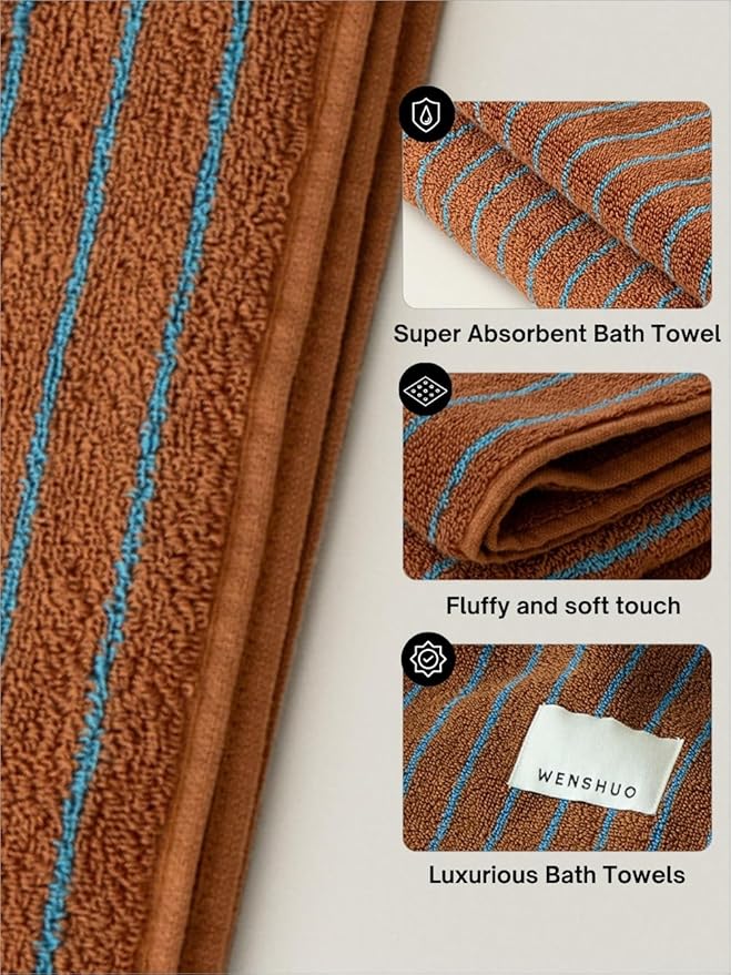 WENSHUO Fluffy Caramel-Striped Pure Cotton Hand Towel, 100% Combed Cotton