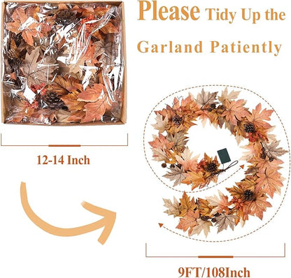 9 FT Fall Garland with Lights Timer Function Autumn Fall Leaves Garland with Berries Pine Cones Realistic Automatic ON/Off Timer Fall Decorations for Home Mantle Fireplace Porch Door Table