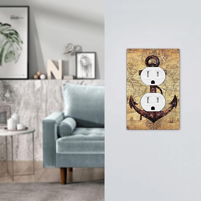 Anchor Nautical Vintage Map 1 Gang Single Duplex Light Switch Plate Outlet Cover Decorative Wall Plate Switchplate Electrical Faceplate for Office Livingroom Home Decor
