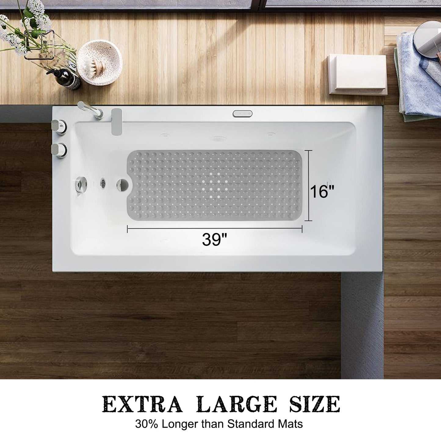 Linoows Bathtub and Shower Mats, Extra Long Non-Slip Bath Tub Mat 39 x 16 Inch, Machine Washable Bathmat with Suction Cups & Drain Holes for Bathroom Floor, Gray