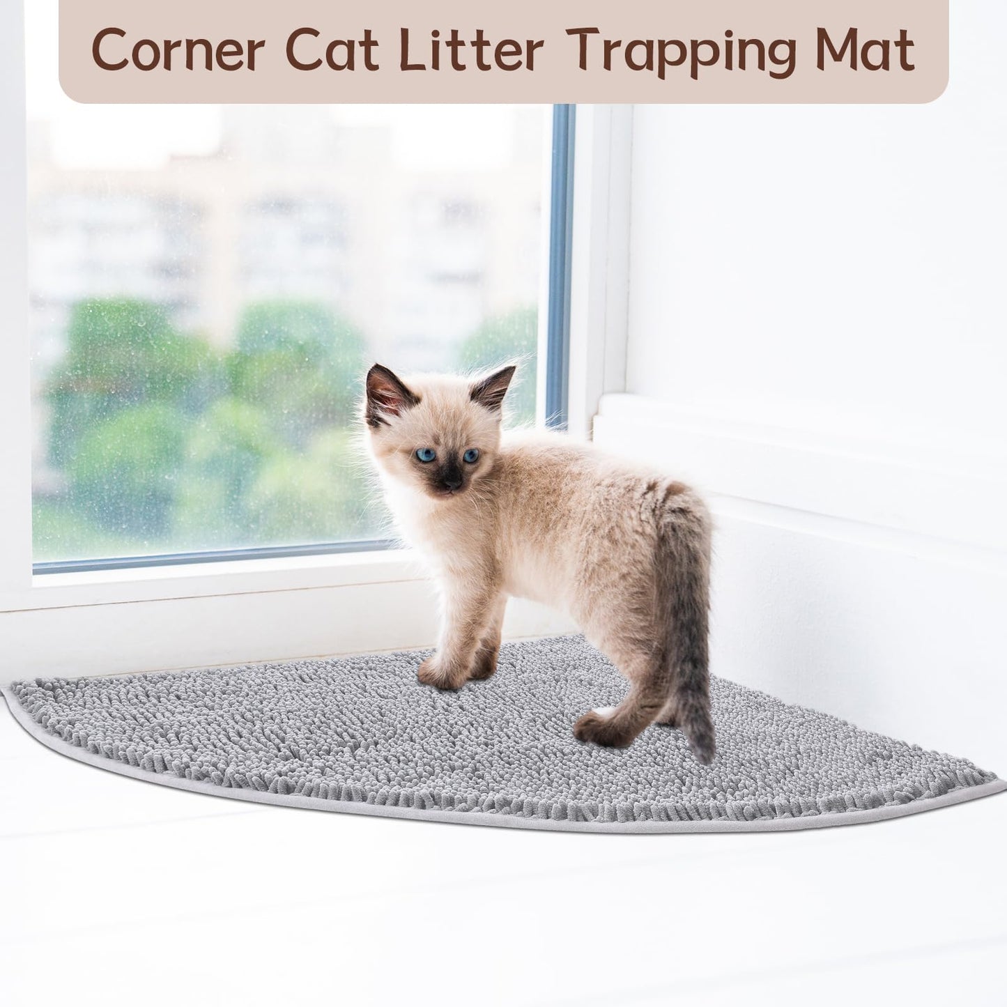 Tinideya Corner Cat Litter Mat 31"x 31" Kitty Litter Box Trapping Mat Large Waterproof Corner Rug Non Slip, Easy Clean, Machine Washable(Light Gray)