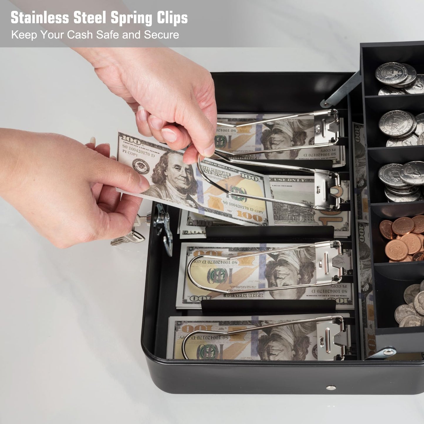 Cash Box with Money Tray and Lock, Metal Money Box for Cash Register, Large Cash Lock Box for Money Safe Includes 5 Slots Coin Tray, 4 Bill Slots, 4 Keys, 11.8" x 9.4" x 3.54" Black
