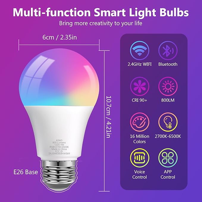 DAYBETTER Smart Light Bulbs, Smart Bulb That Compatible with Alexa & Google Home, 2.4G WiFi Bluetooth Alexa Light Bulbs, RGBCW Color Changing LED Light Bulb, 60W Equivalent, 800LM, 2Pack