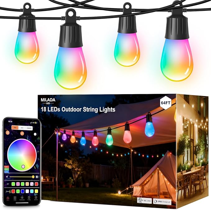 Outdoor String Lights 59FT Smart Patio Lights with APP Control, 18 LED Bulbs RGB IC Warm White, IP65 Waterproof Color Changing for Christmas, Patio, Backyard, Garden, Party, Holiday Decor