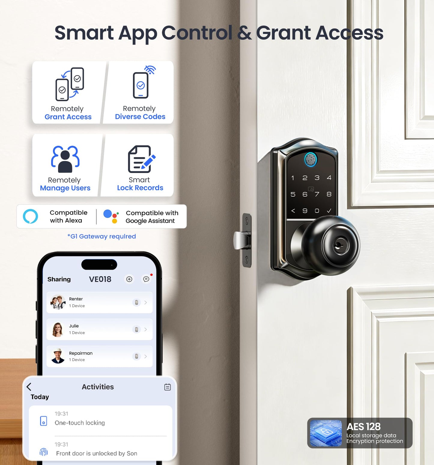 Veise VE018 Smart Knob Handle Lock - Fingerprint, App Control, Keyless Entry for Front Door and Bedroom, Electronic Digital Keypad, Auto Lock, Remote Access Sharing, Easy Installation, Matte Black
