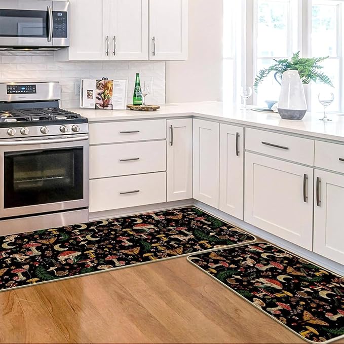Artoid Mode Black Mushrooms Butterfly Spring Kitchen Mats Set of 2, Home Decor Low-Profile Kitchen Rugs for Floor - 24x35 and 24x59 Inch