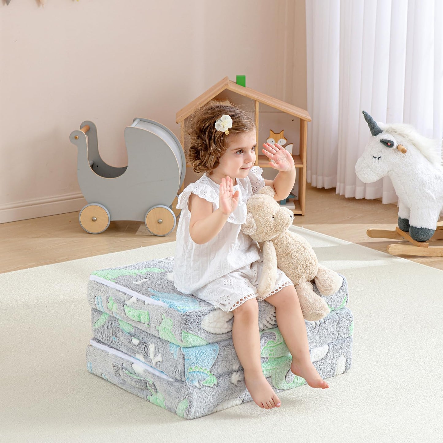 Kisdsa Foldable Floor Mattress for Kids,Folding Toddler Floor Nap Mat for Sleeping Daycare,Trifold Foam Mattress Floor Bed,Child Trifold Futon Sofa with Storage Bag,57''x23''(Glow Dino)