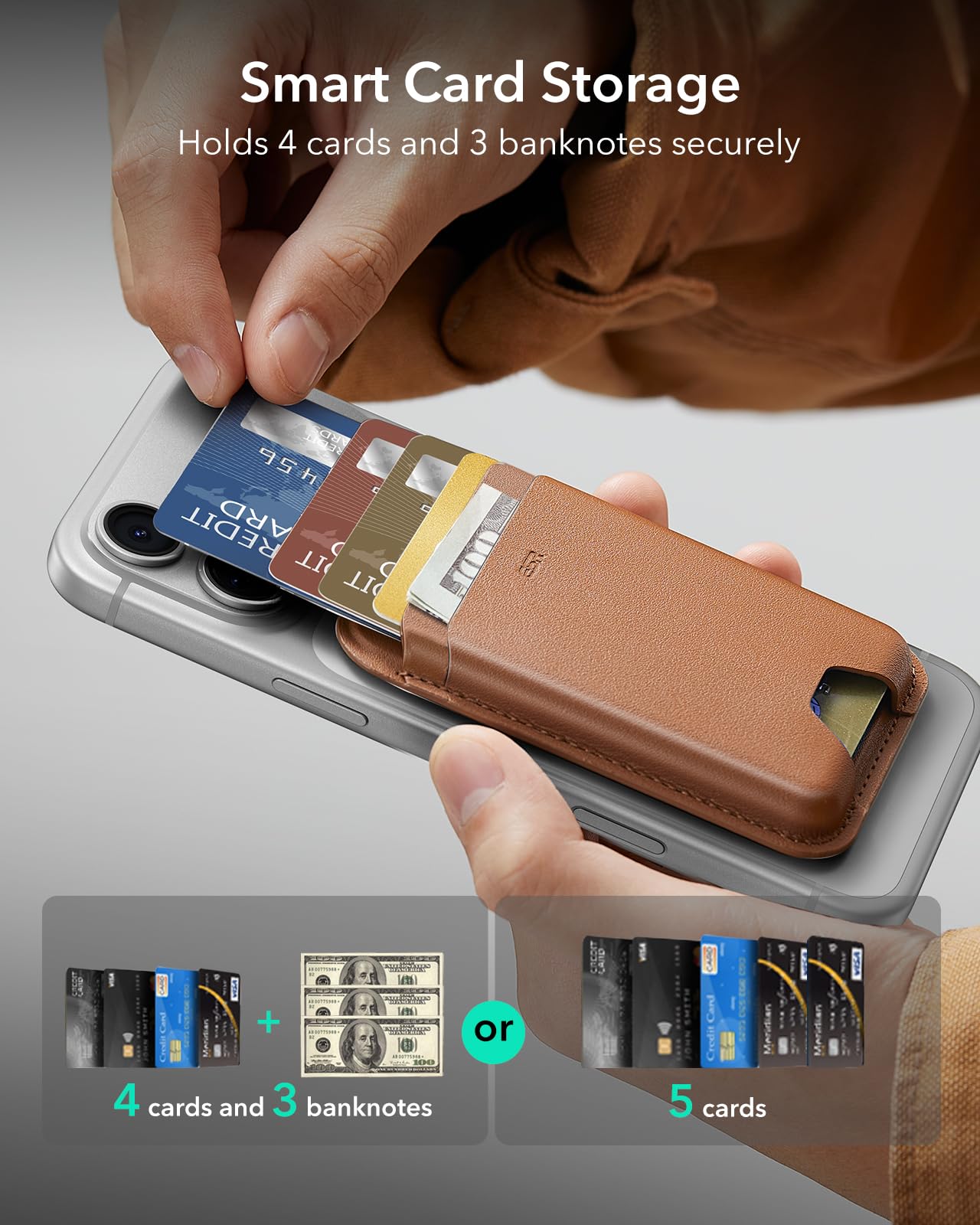 ESR for MagSafe Wallet, 5 Card Holder with RFID Blocking, MagSafe Sticker Included, Slim Magnetic Wallet for iPhone 17e/17/16/15/14/13/12 Series and Selected Samsung Devices, Not for 13/12 Mini, Brown