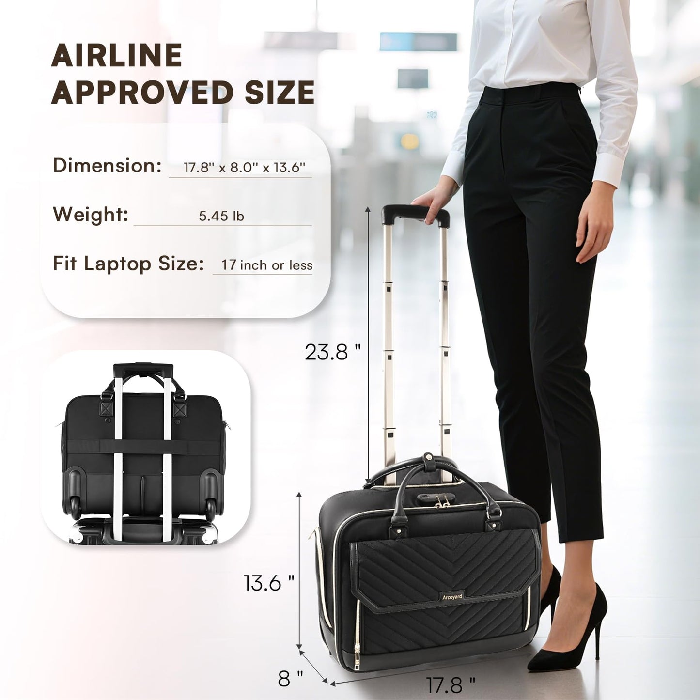 Arcoyard Rolling Laptop Bag Women, Rolling Briefcase for Women for Work, 17 Inch Computer Bag with Wheels, Fashion Flap Laptop Bag With Wheels for Work Business, TSA Friendly Design, Black