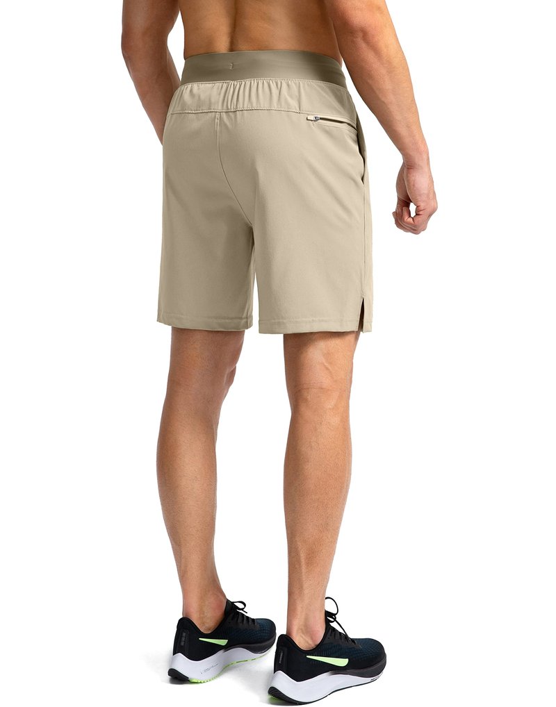 Soothfeel Men's Running Shorts with Zipper Pockets 7 Inch Lightweight Quick Dry Gym Athletic Workout Shorts for Men (Khaki, XXL)