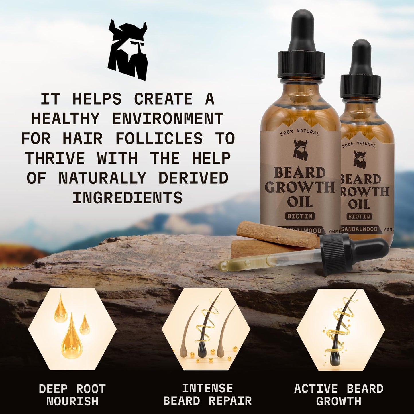 Striking Viking Beard Oil with Biotin for Men - 2 Fl Oz, 1 Pack, Sandalwood - Thickening & Conditioning Beard Growth Oil & Serum with Argan & Jojoba for Hydrated Facial Hair