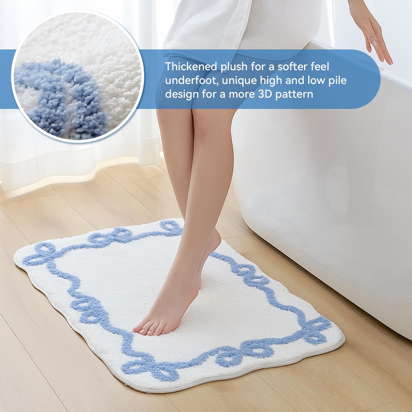 TRUEDAYS Blue Scalloped Bath Mat - Cute Bow Bathroom Rugs Small Non Slip Bath Mat, Soft & Absorbent Bath Rugs for Bathroom Decor, Tub, Vanity Floor