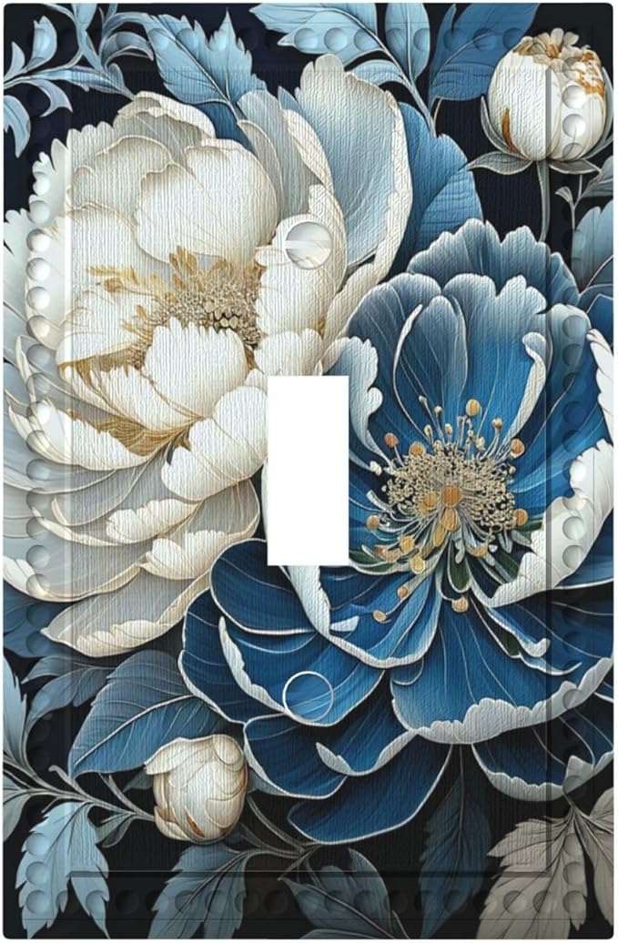 White Blue Flower Peonies Light Switch Covers 1 Gang Single Toggle Wall Plate Decorative Switchcover Electrical Switchplate for Country Living Decor