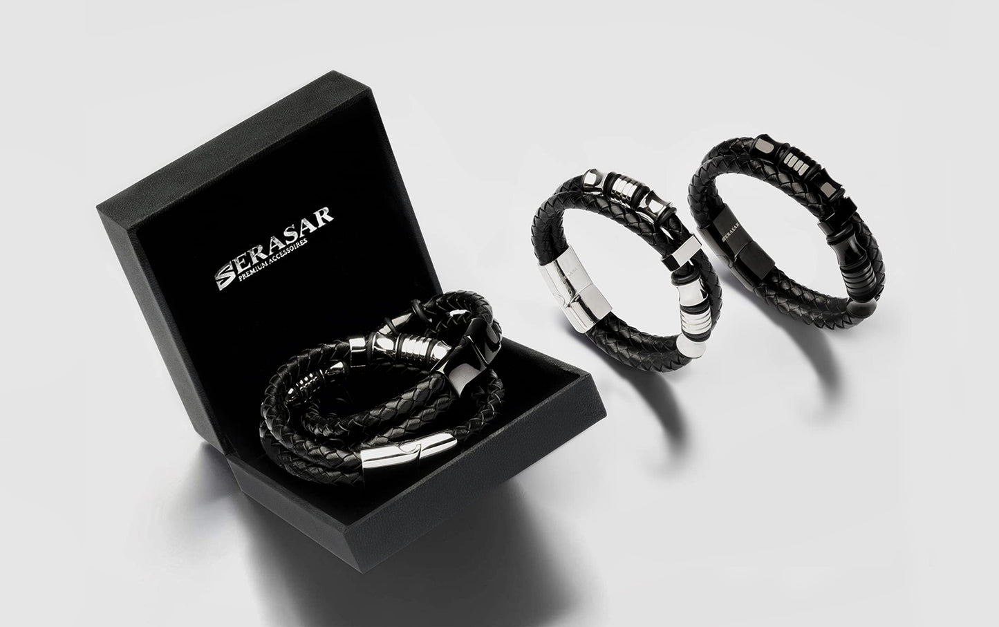 SERASAR 8″ Black Leather Bracelets for Men Mens Cowhide Gift Box Braided Bracelet Stainless Steel Jewelry Wrist Band Cuff Wrap Rope Bangle Dad Man Pulseras para Hombres Cuero Regalo
