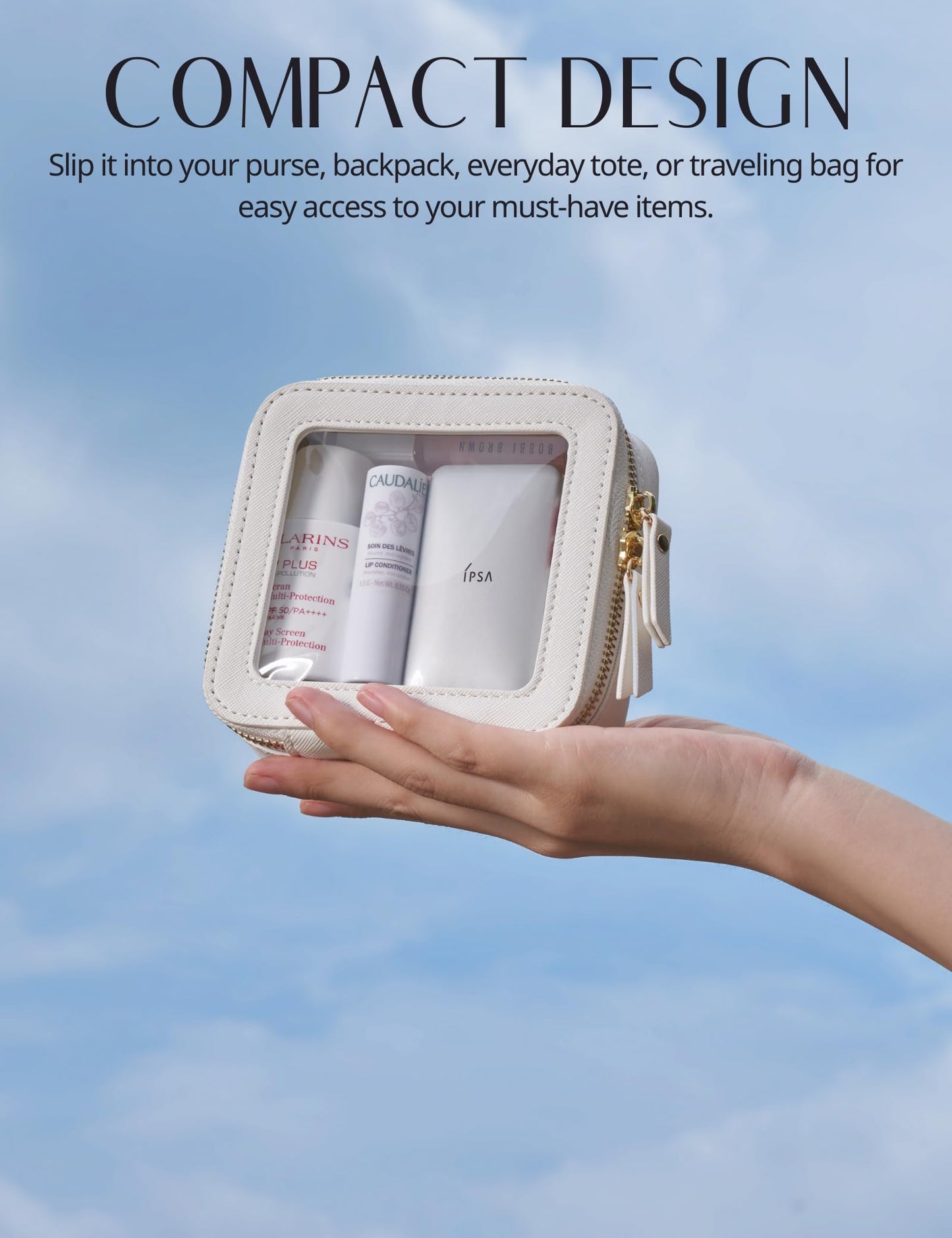 Small Cosmetic Bag for Purse Mini Makeup Bag for School Cute Clear Make Up Pouch for Travel Tiny Leather White Make Up Organizer Case for Backpack Toiletry Bag Waterproof Square Pouch with Zipper