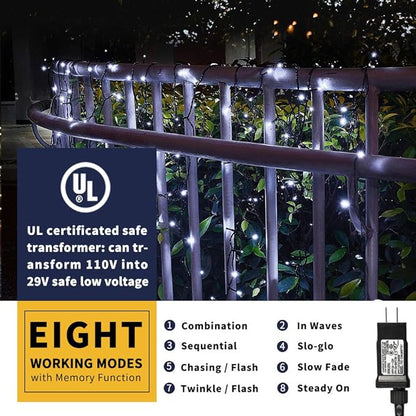 XTF2015 105ft 300 LED Christmas String Lights, End-to-End Plug 8 Modes - UL Certified - Outdoor Indoor Fairy Lights for Christmas Tree, Patio, Garden, Party, Wedding, Holiday (Cool White)