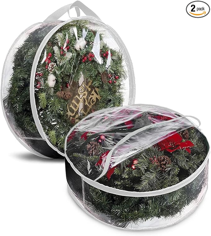 ProPik Christmas Wreath Storage Bag 36" - 2 Pack Clear Christmas Wreath Storage Container- Garland Artificial Holiday Wreath Storage Holder - Water Proof Transparent PVC with Handles (36 Inch, White)