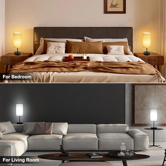 Ascher 2 Pack Table Lamp RGB Color Changing - 3 Color Temperatures Stepless Dimmable Small Bedside Lamp for Bedroom, Touch Control Nightstand Light with Flaxen Shade for Reading Home Decor Lights