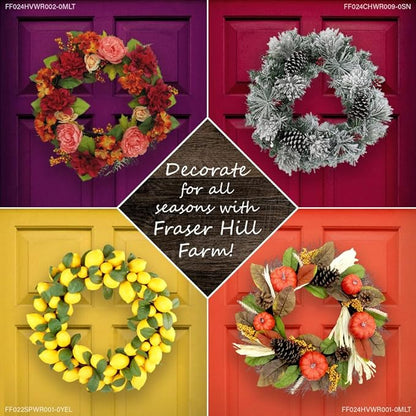 Fraser Hill Farm 24-inch Flocked Christmas Wreath with Pinecones and White LED Lights, Battery Operated Artificial Holiday Hanging Decoration for Door, Wall, Mantel