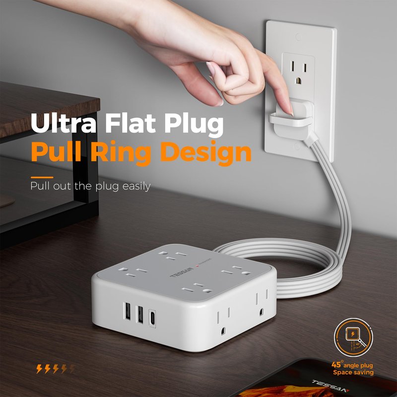 TESSAN Surge Protector Power Strip, 5 Ft Flat Plug Extension Cord with 3 USB (1 USB C) 8 Outlets, 1250W, 900J Protection, 3 Sided Outlet Extender with Ring Plug for Office, Dorm Room, Grey