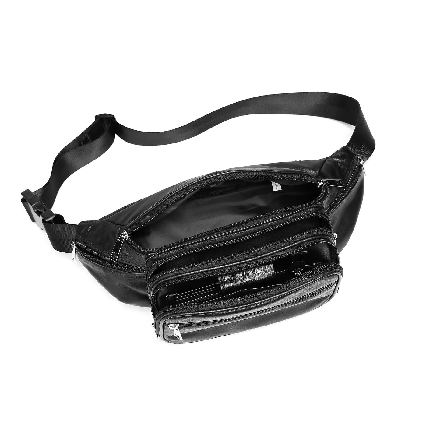 Genuine Leather Large 7 Pocket Waist Pack with Organizer, Card Slots (Black)