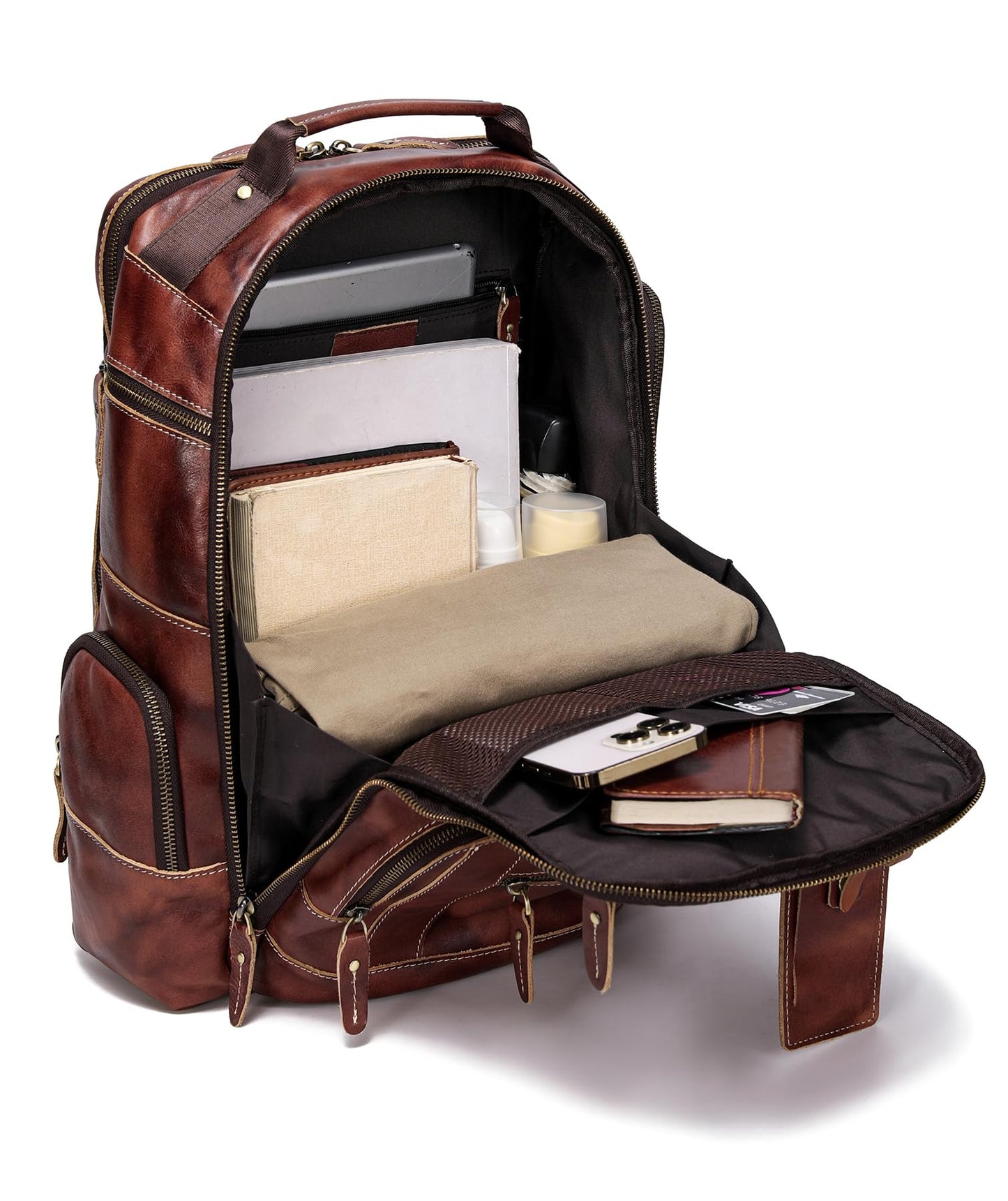 LANNSYNE Full Grain Leather Backpack For Men, Fits 16" Laptop, Coffee